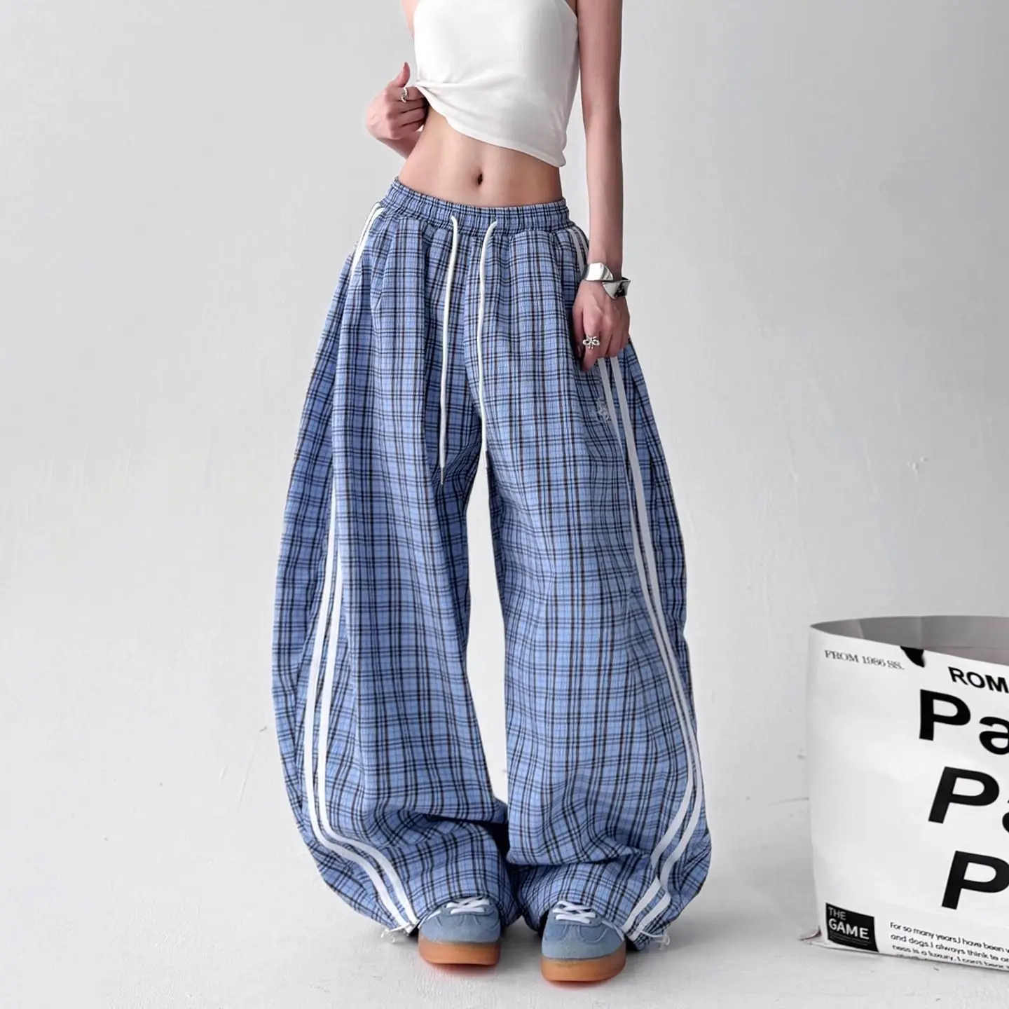 Vintage Striped Splicing Plaid Scimitar Casual  Women's Men's and Women's Lazy Loose Wide Leg Jazz Dance Pants