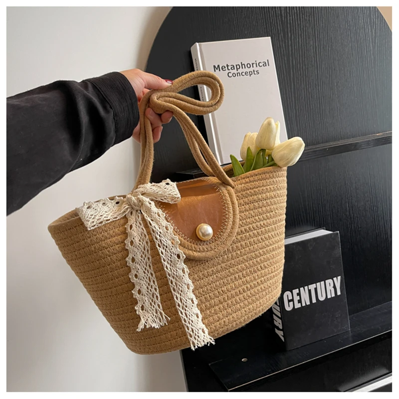 Woven Handbag Pastoral Style Pearl Buckle Woven Shoulder Bag Large Capacity Travel Holiday Photo Accessories Bag Shoulder Basket