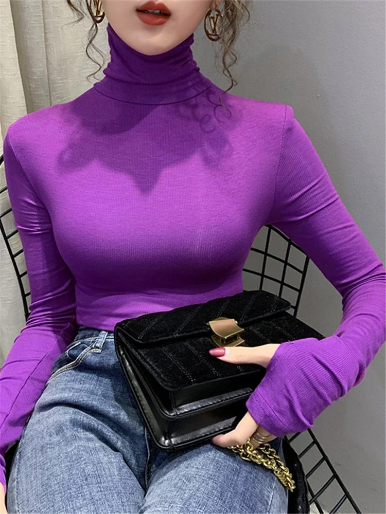 REALEFT Autumn Winter Velvet Thicken Knitting Women's Sweater 2023 New Solid Bottom Long Sleeve Minimalist Turtleneck Pullovers