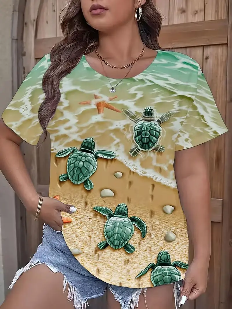 Summer T-Shirts Sea Turtle 3D Print Women's Casual Short Sleeve Round Neck T Shirt Tops Harajuku Y2K Street Tees Female Clothing