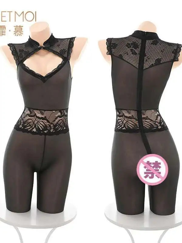 เซ็กซี่สีทึบดอกไม้พิมพ์โปร่งใสBodysuits Backless Deep V SuspendersชุดแขนกุดCharming Pure Desire EKQF