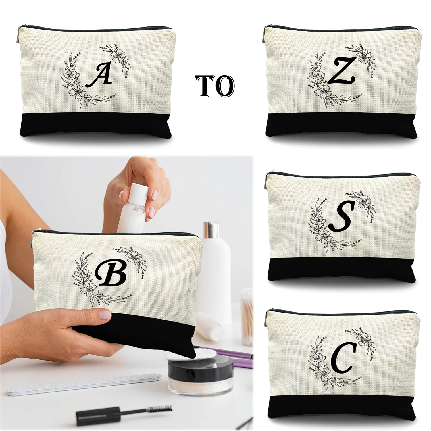 Personalized A-Z Initials Bride Bridesmaid Cosmetic Bag Makeup Bag for Bridal Shower Proposal Gifts Bachelorette Party Supplies