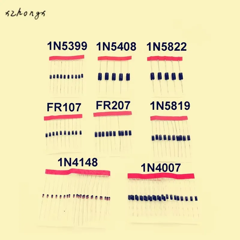 186063 1N4148 1N4007 1N5819 1N5399 1N5408 1N5822 FR107 FR207,8values=100pcs,