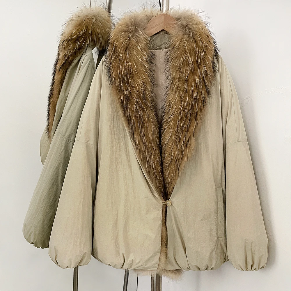 الواقع معطف الفرو فضفاض سميك دافئ أوزة أسفل معطف الإناث الشتاء الزي الملابس للنساء الطبيعية الثعلب الفراء سترة منفوخة سترة