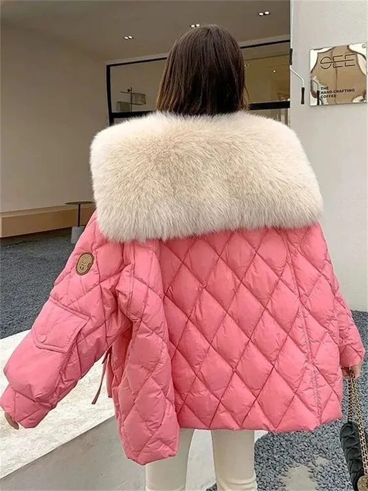 

Faux Fox Fur Collar Cotton Padded Parkas Diamond Plaid Thicken Jackets Winter Loose Women Coats Korean Fashion Warm Chaquetas