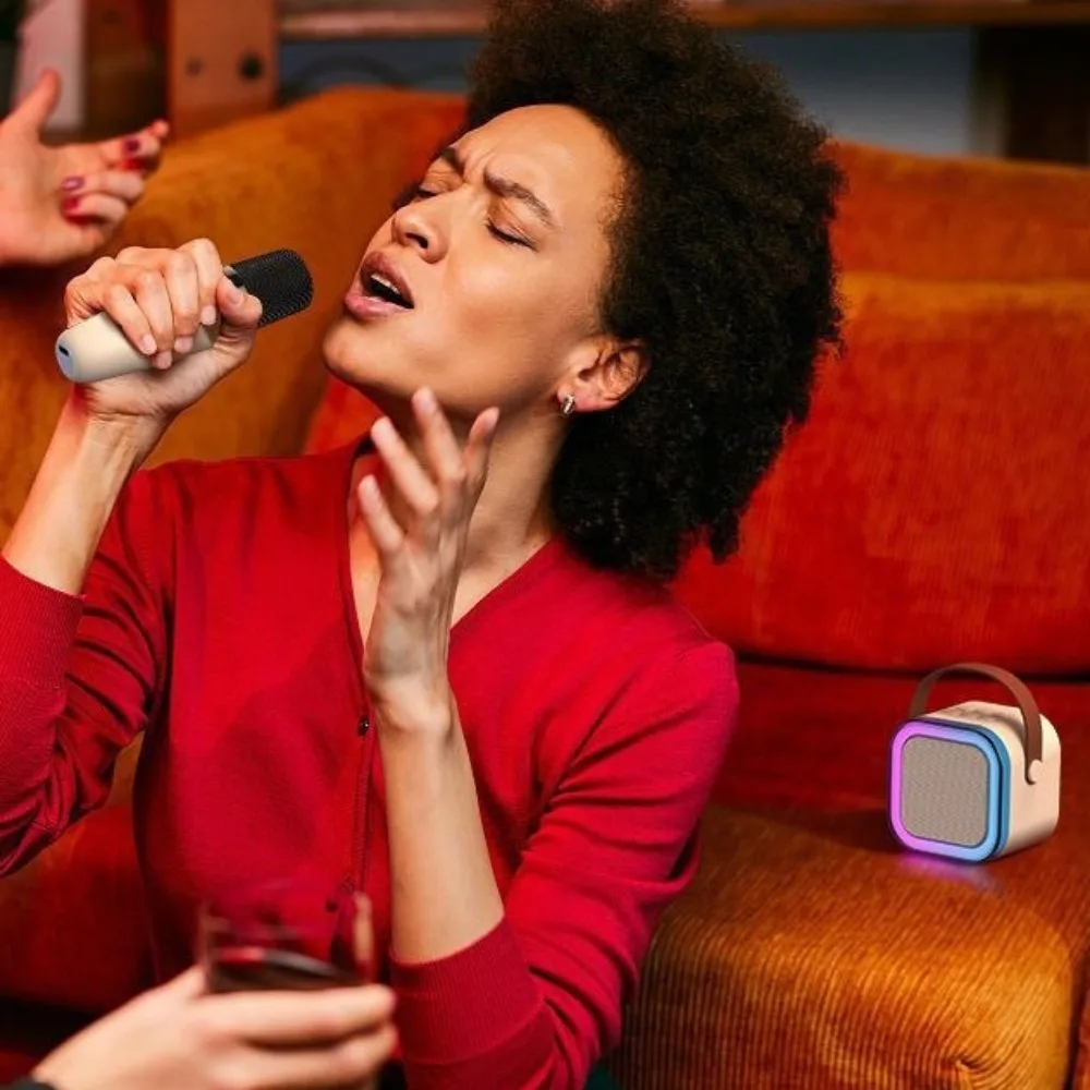

Bluetooth Audio Mini Karaoke Machine K12 with 1/2 Wireless Microphones Portable Bluetooth Speaker USB Rechargable RGB Light