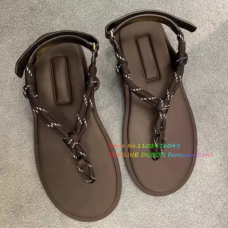 Cord Strap Leather Sandals Women Round Toe Spring 2024 New Flat Flip Flop Clip Toe Vacation Beach Flat Bottomed Sandals