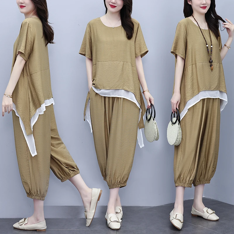 

plus Size Women's Casual Cotton Linen Loose Fit Slimming Meat Covering Two Piece Set Fashionable Summer New Arrival