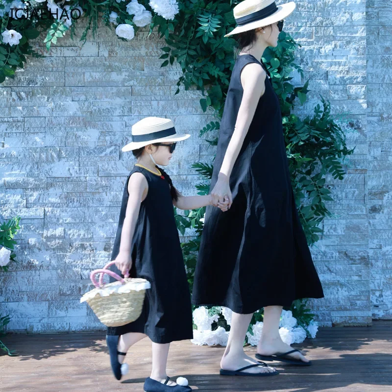 2025 일치하는 어머니 딸 옷 순수 코튼 민소매 a 라인 드레스 여름 휴가 착용 캐주얼 우아한 새로운 해변