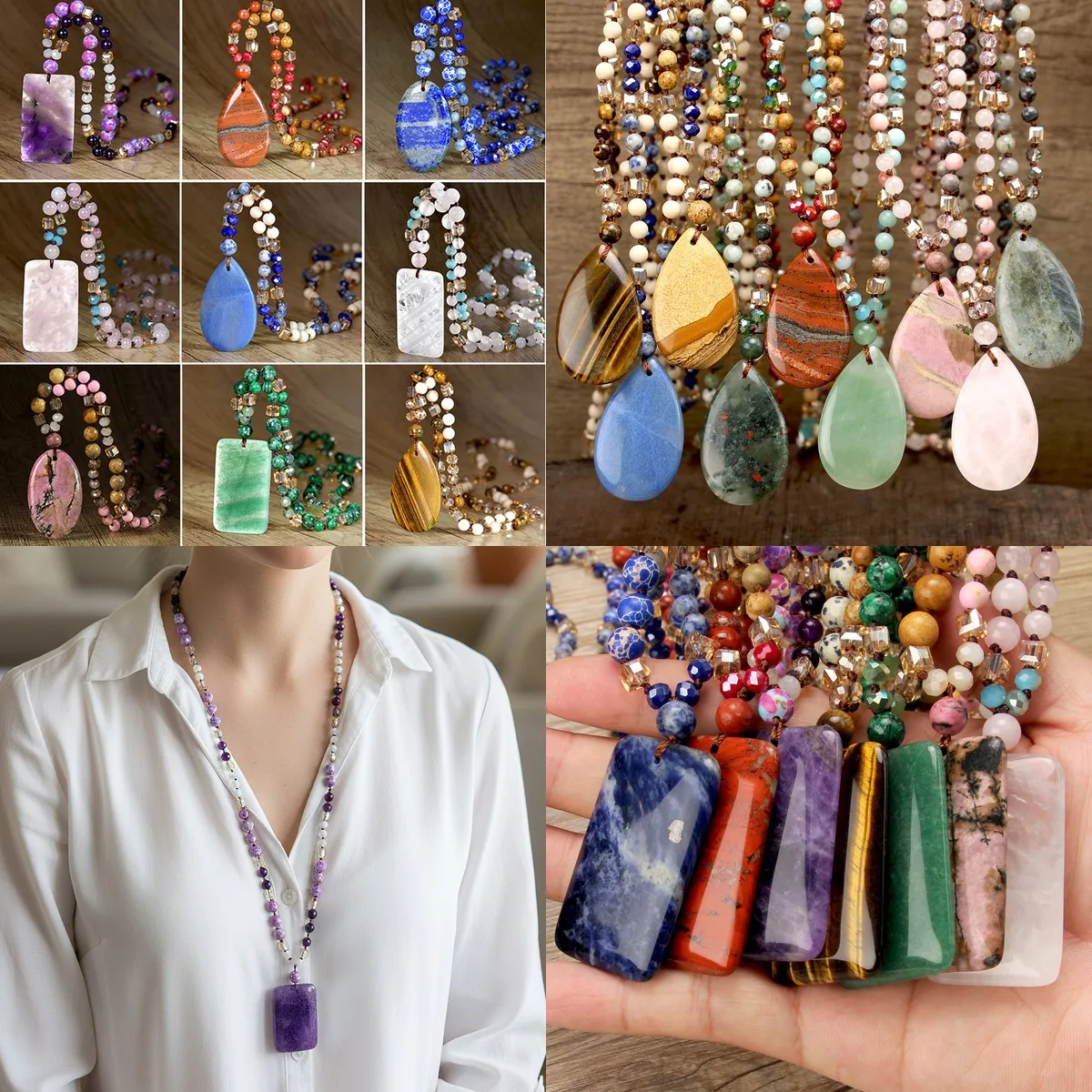 Amethyst Beaded Long Necklace for Women, Natural Stone Pendant Necklace with Knot Detail, Boho Layered Jewelry