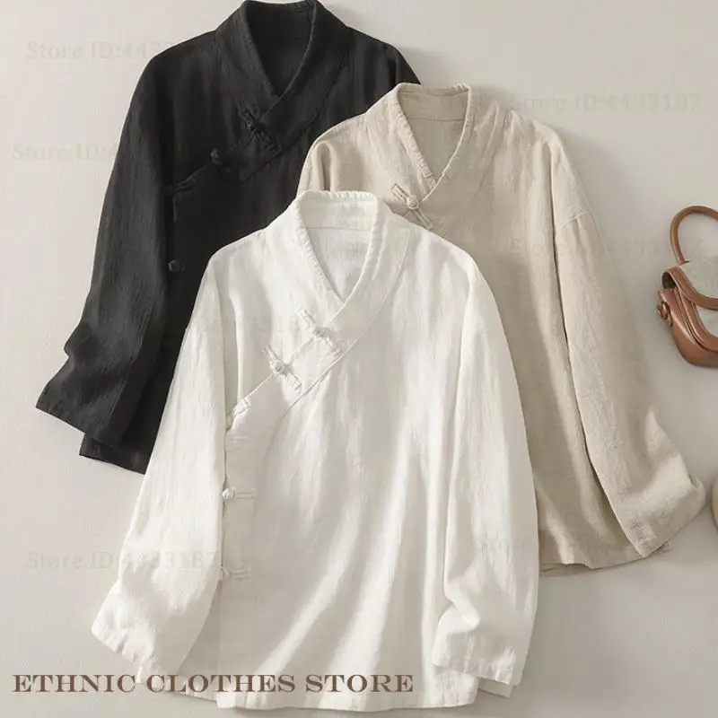 Vintage Handmade Buttons Tang Style Top Unisex Cotton Linen Long Sleeve Hanfu Shirt Cardigan Loose Kung Fu Tai Chi Blouse Coat