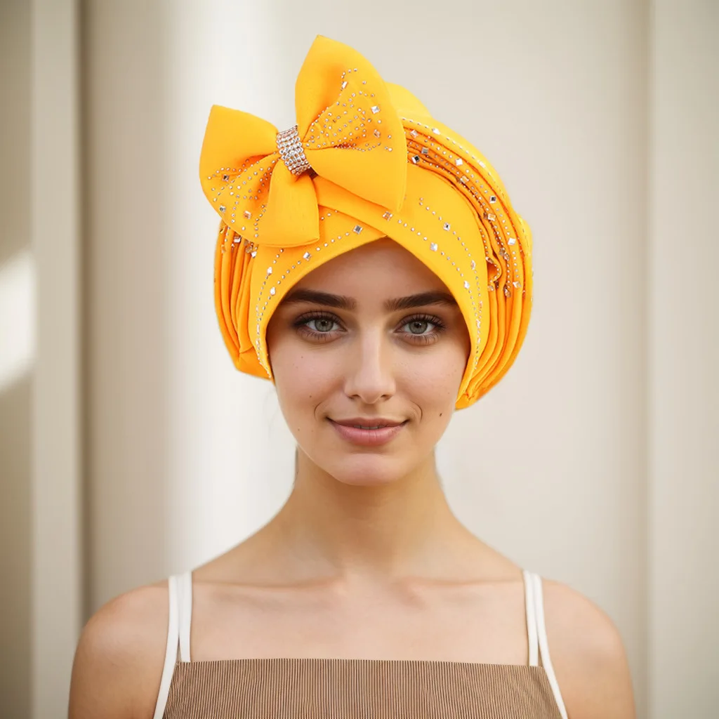 

Красивая женская повязка на голову в африканском стиле, повязка на голову в нигерийском стиле, головные уборы с бусинами и бриллиантами, камни для вечеринки, 2 шт., мусульманский тюрбан, модный