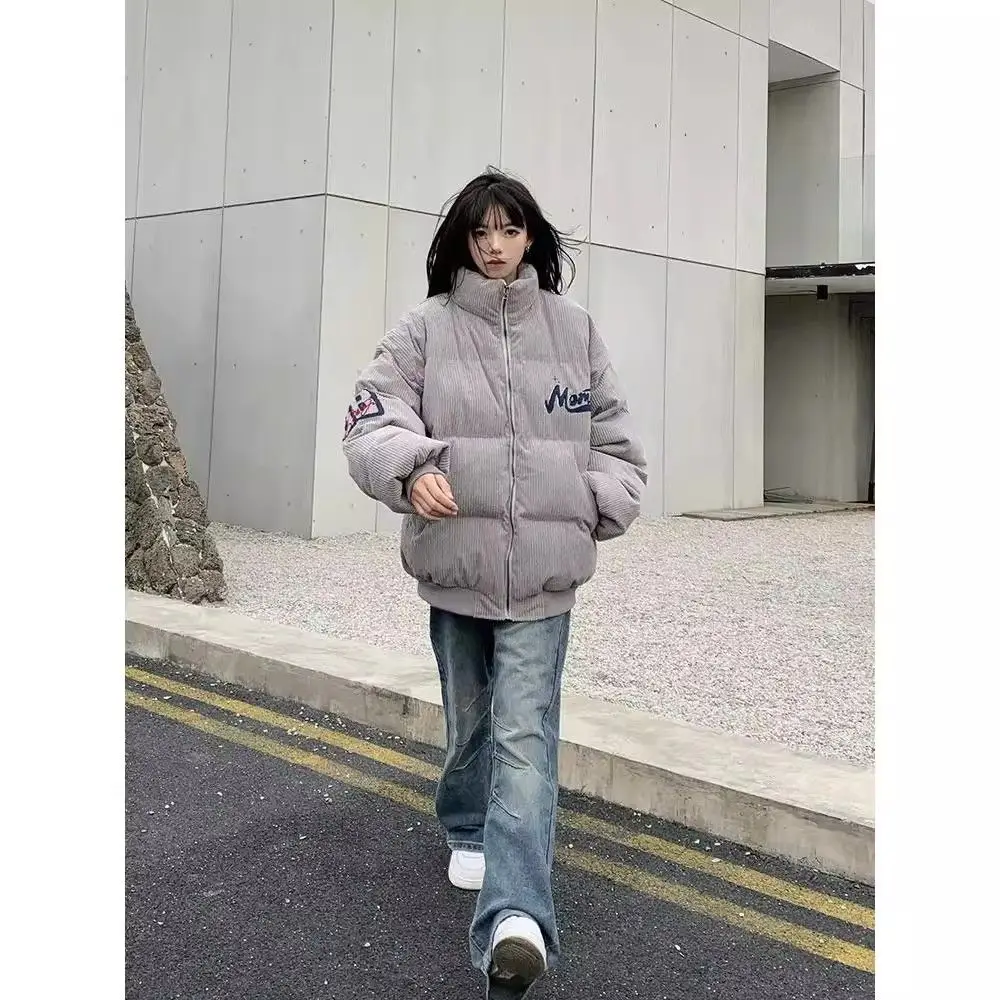 Retro American High Street Corduroy Winter Embroidered Stand Collar Cotton Jacket Loose Bread Style Couples Outerwear