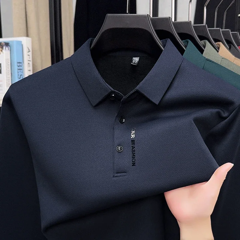 

Luxury Quality Men's Polo Shirt Lapel Long Sleeve T-Shirt Autumn Winter New Arrival Letter Print Velvet Warm Business Men'swear