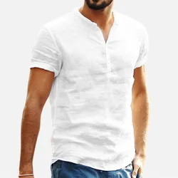 2024 New Men's Standing Collar Cotton Linen Short Sleeved Shirt Men's Designer Clothes Popular Tops for Men