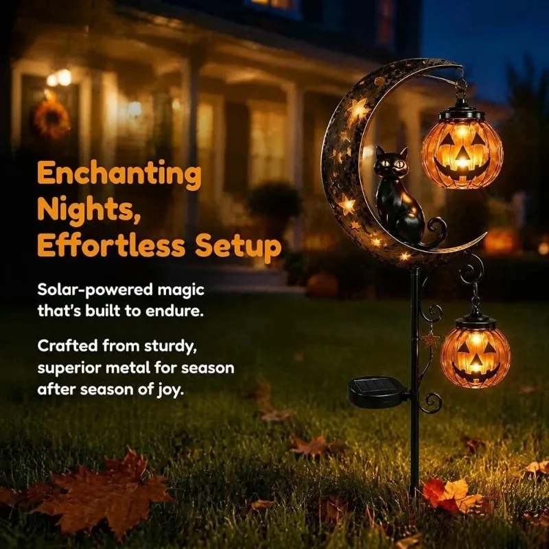 Halloween Black Cat Solar Garden Stake Light Wooden Pumpkin Lantern Waterproof Outdoor Lawn Landscape Decor Garden Decor