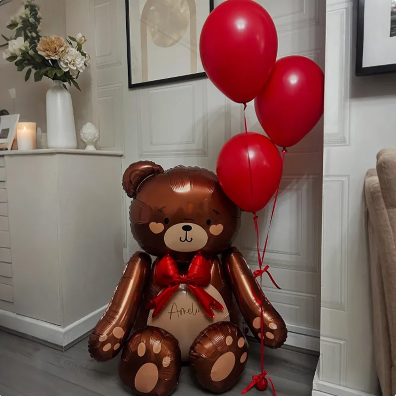 Schleife Bär Aluminiumfolie Ballon Set Braunbär Ballon Roter Latexballon für Geburtstag, Hochzeit, Dusche, Jubiläumsdekoration