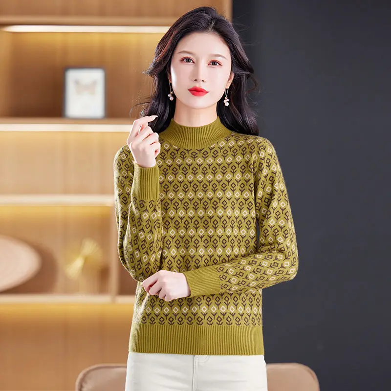 Women\'s Half High Collar Woollen Sweater Autumn Winter Thick Jacquard Loose Knit Pullovers Simple Casual Fashion Knitwear