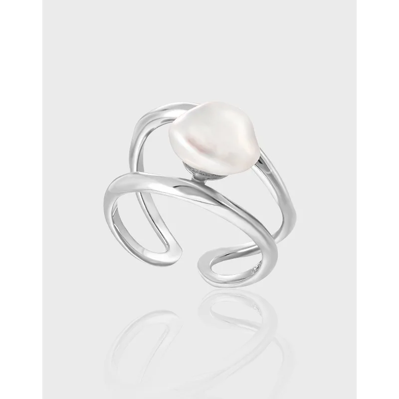 F.I.N.S Irregular Baroque Pearl Double Layer Hollow Lines S925 Sterling Silver Rings for Women Open Adjustable Finger Fine Jewel