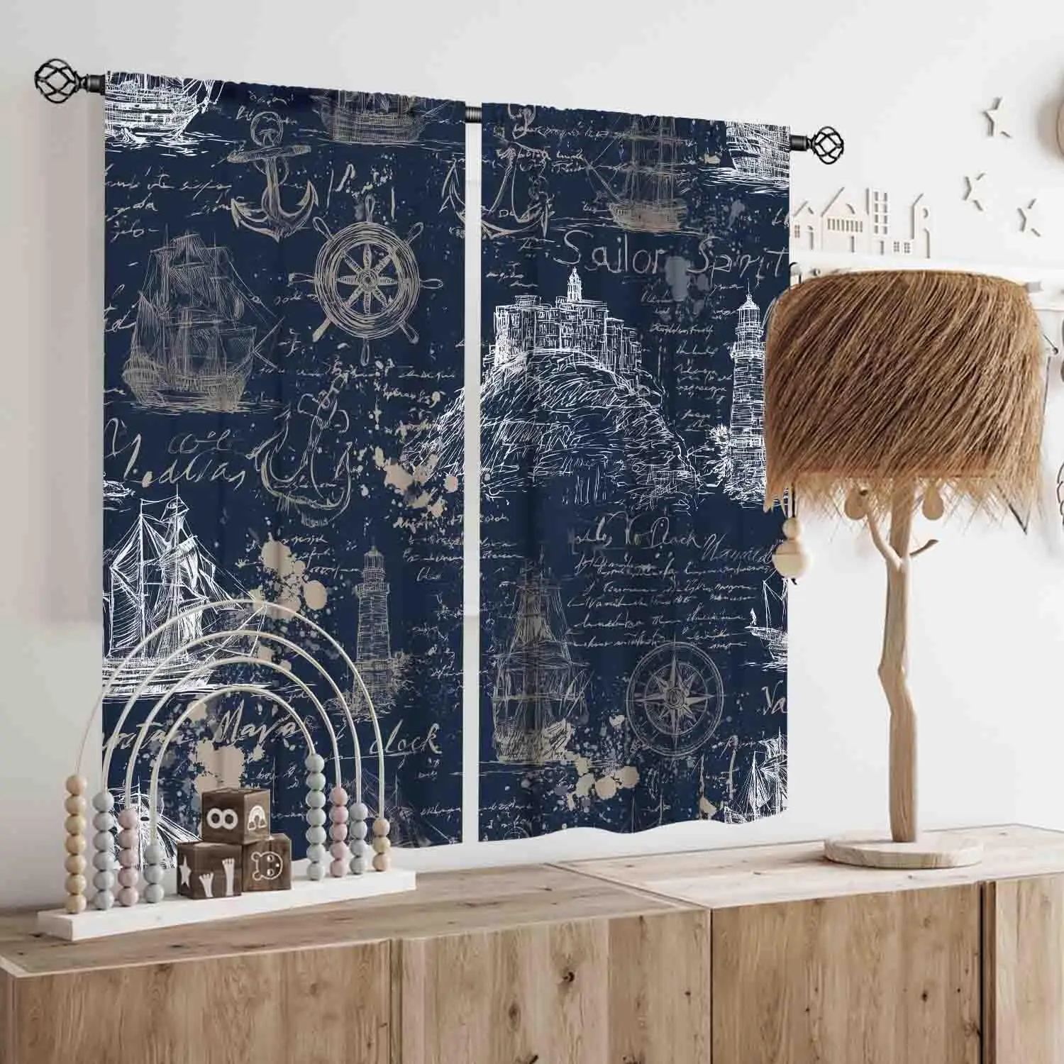 Navy Blue Nautical Curtains 2pcs Coastal Sailor Sketch Marine Print Window Drapes Bedroom Bathroom Curtains