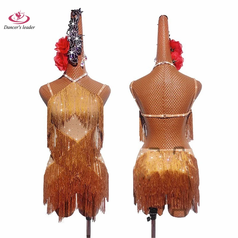 

Latin Dance Dress High-end Customized Golden Tassel Cha Tango Standard Stage Performance Clothing