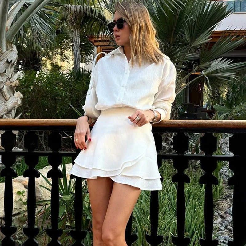 

Talenza Shirt Dress 2-Piece Set Solid Casual Shirt Top Lace-up Ruffled Mini Skirt Sets Fashion Vacation Party Women's Dress Sets