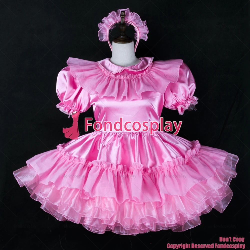 fondcosplay adult sexy cross dressing sissy maid short satin dress lockable pink Uniform costume CD/TV[G2401]