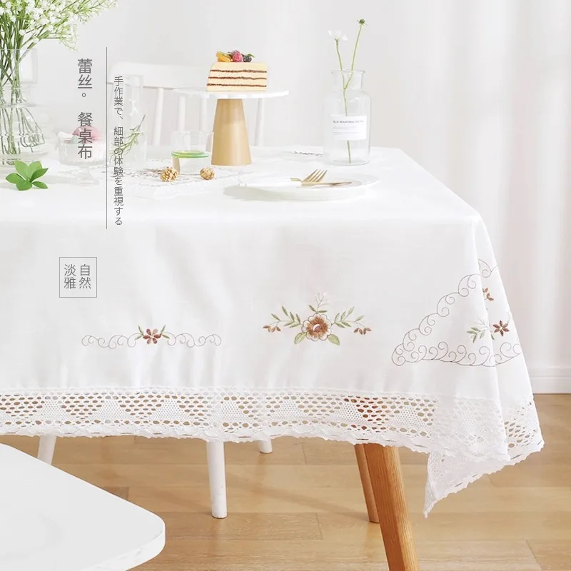Tablecloth White Cotton Yarn Europe Embroidered Table Juppe Dining Table Cover Flower Lace Pastoral Coffee Table Towel Cover