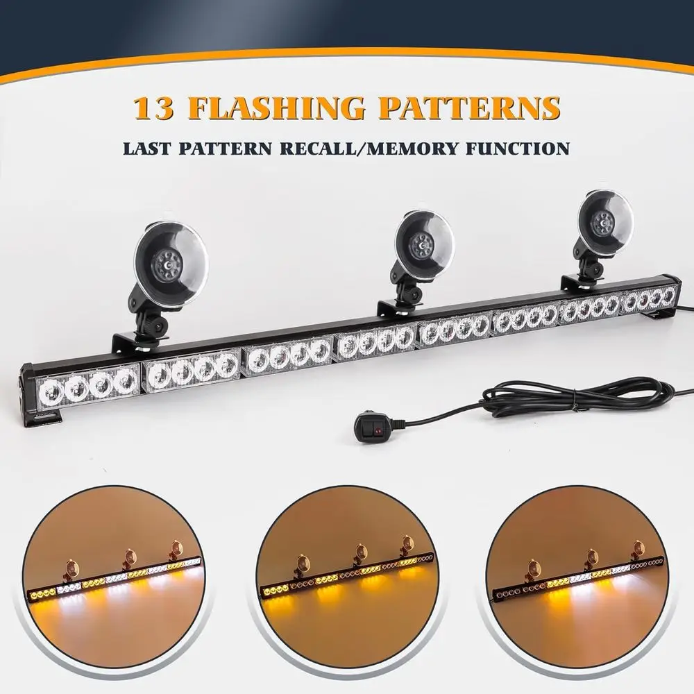 Barra luminosa stroboscopica per avviso traffico 35,5 con 32 LED, 13 modelli flash, ambra/bianco, supporto a ventosa