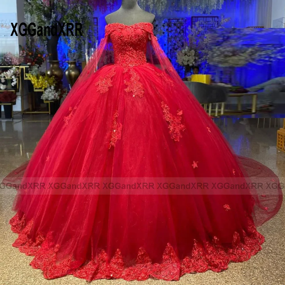 Vestido de fiesta personalizado, vestidos de quinceañera rojos, escote en forma de corazón con hombros descubiertos, Apliques de encaje, capa larga, vestido dulce 16, vestidos de princesa 2024