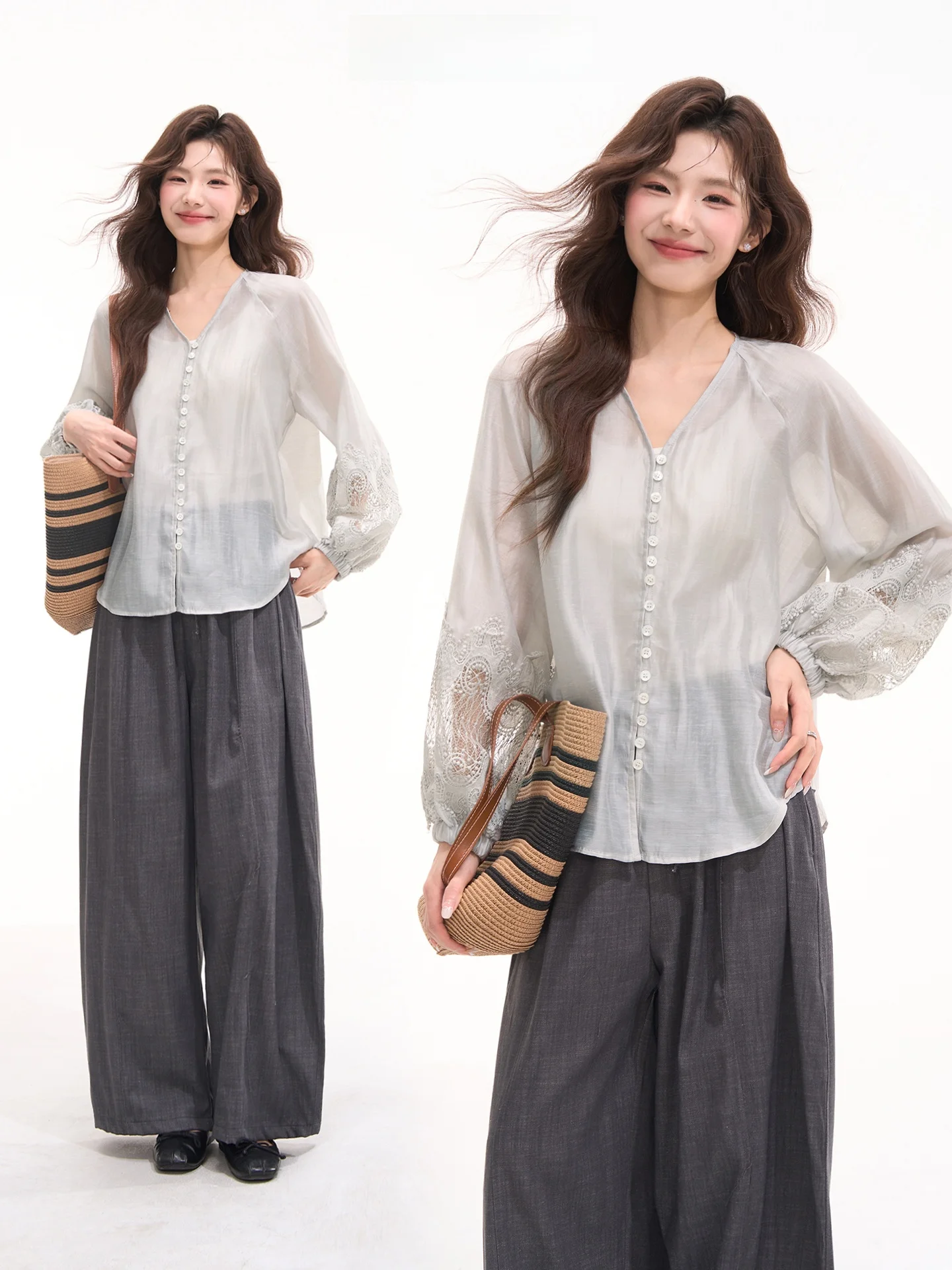 

Heme Linen Lace Long Sleeve Lightweight Shirt Cover up Spring Summer Women's Casual Style V-neck Loose Fit Shirt