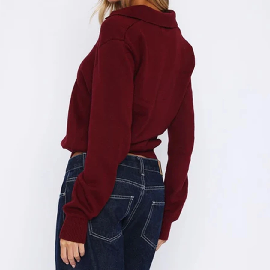 버건디 긴팔 브이넥 스웨터 여성 풀오버 스웨터 릴랙스 핏 니트 탑 캐주얼 가을 스웨터 여성용