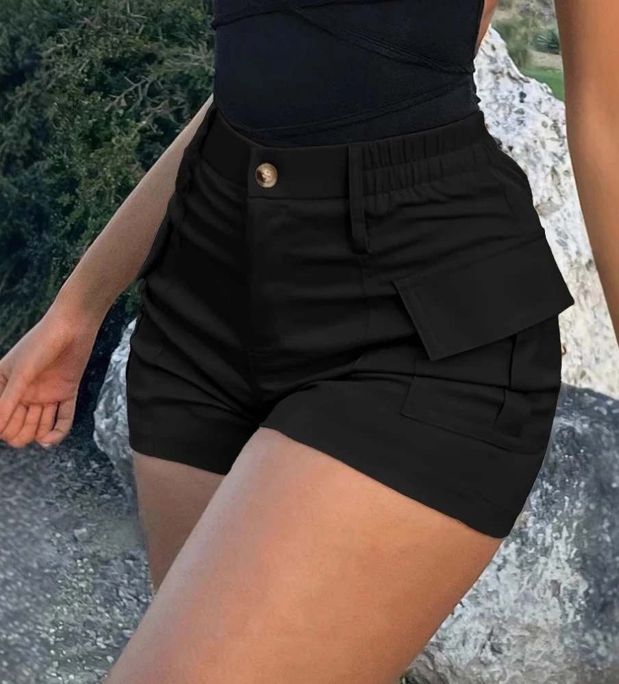 Frühling Casual frauen Kurze Hosen Hohe Taille Taste Streetwear Kurze Tasche Cargo-Shorts