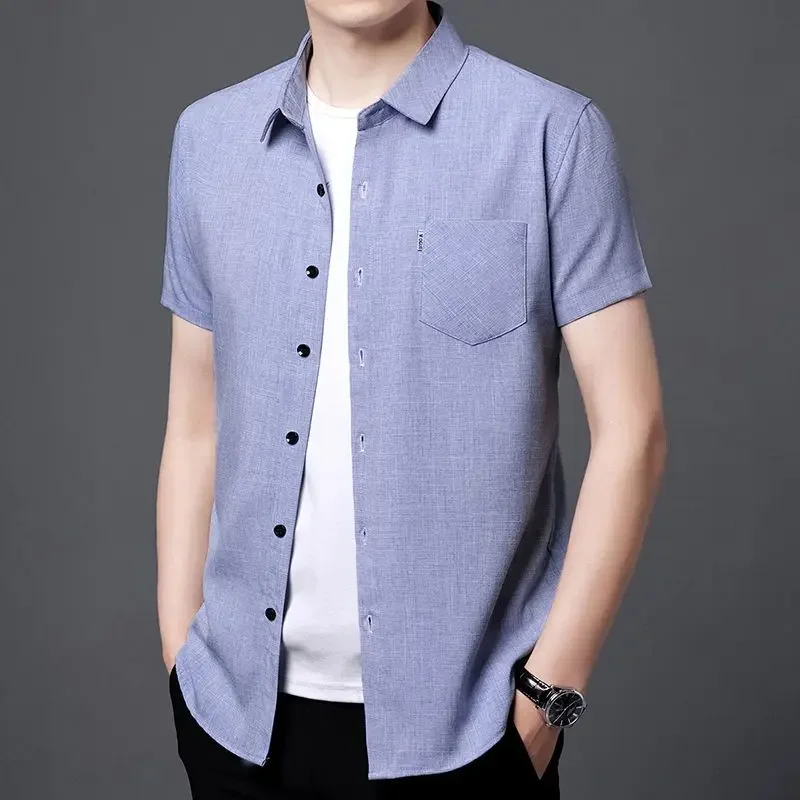 

Short Sleeve Man Shirt Linen and Cotton Green Plain with Pocket Red Shirts for Men Collar Korean Style Sleeves Aesthetic Normal