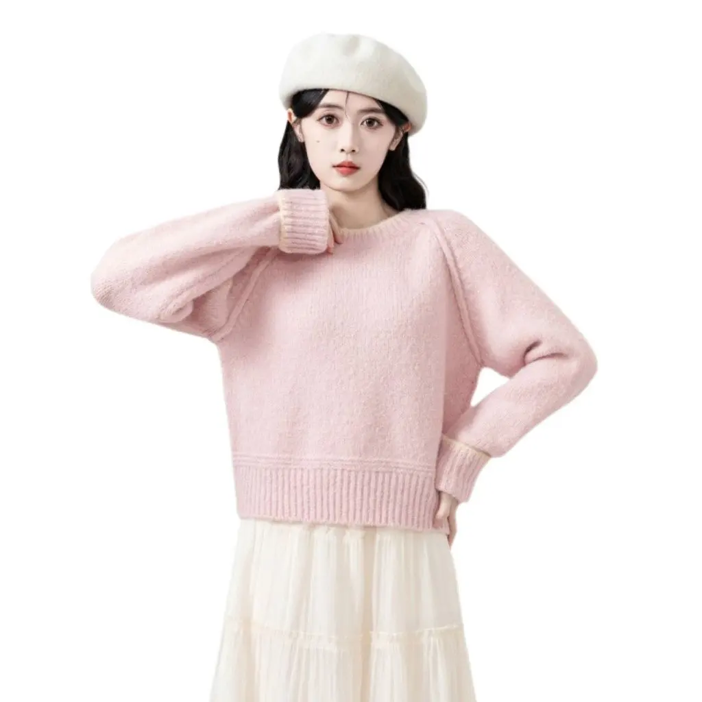 

Women's Short Grey Sweater round Neck Knit Shirt Thickened Lazy Style Small Top for Autumn Winter New Arrival