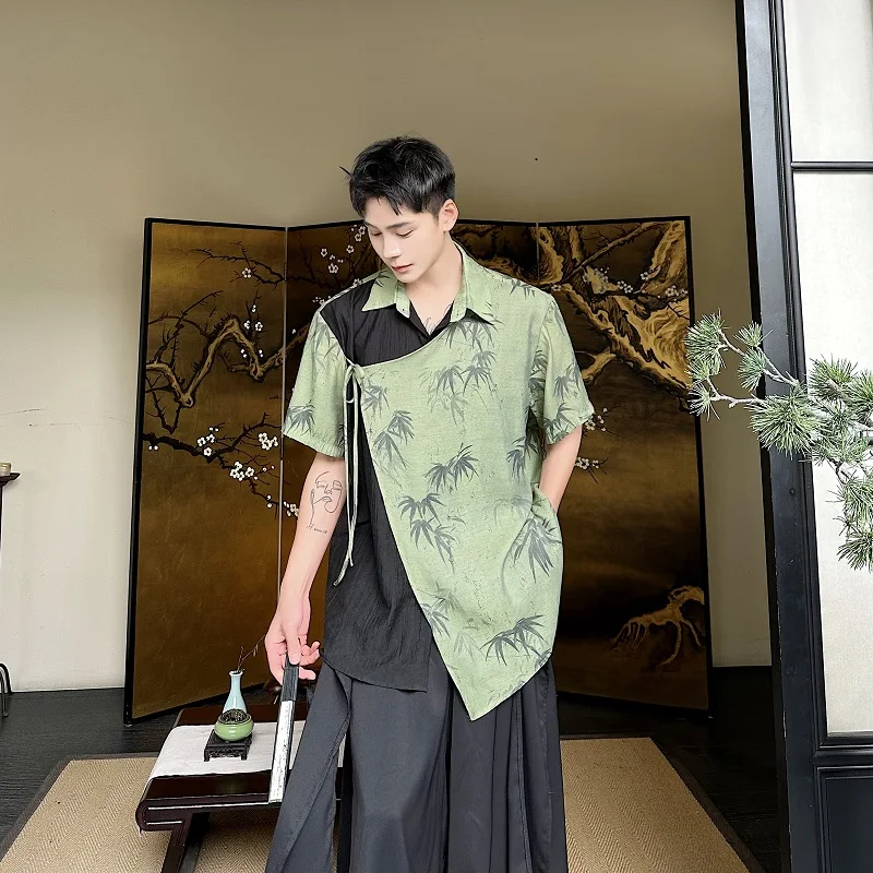 

New Chinese Sle irt 2025 Spring Summer Men Women Loose Fit Breathable ort Sve Bamboo Pattern Asymmetrical Hem Tie Dy...