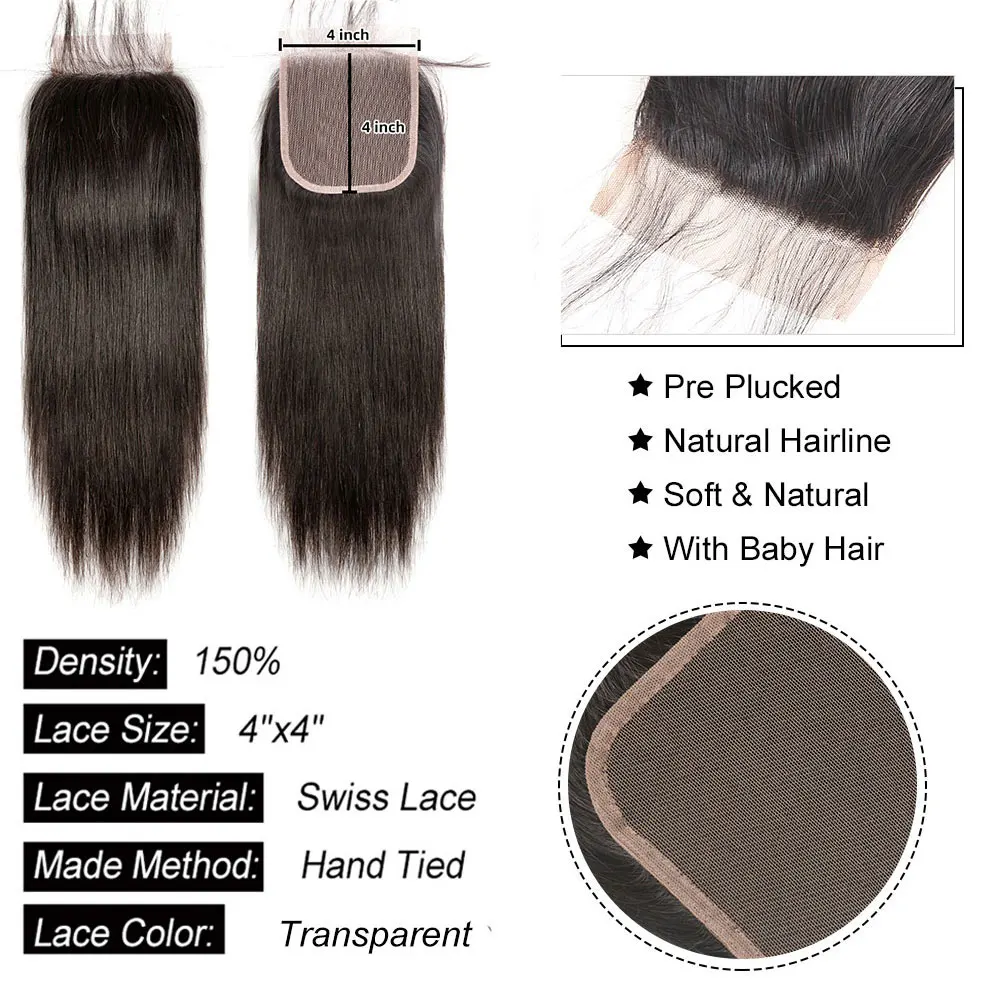 4x4 5x5 Lace Closure Human Hair Straight Hair 6x6 Closure Transparent 13x4 13x6 Lace Frontal Human Hair Ear to Ear Lace  Frontal