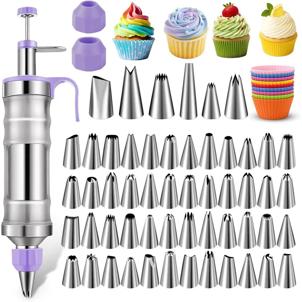 

Dessert ting Syringe Set, Frosting Piping Kit Stainless Steels Cake ting Kit with 54 Piping Tips & 9 silicone cupcakes, Cupcake