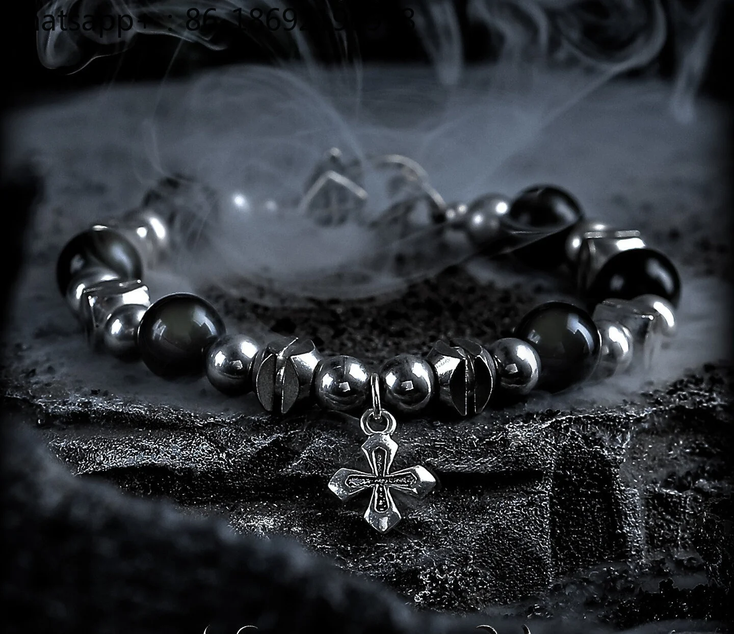 [Dark Chapter] Obsidian Bracelet Men's Retro Niche Design Cross Bracelet Beads