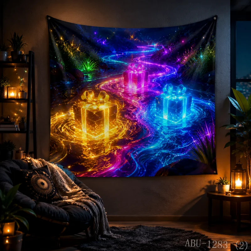 VIKAMA Neon Carousel Gift Box Ferris Wheel Firework Amusement Park Night Christmas Tapestry Bedroom Living Room Dorm Home Decor