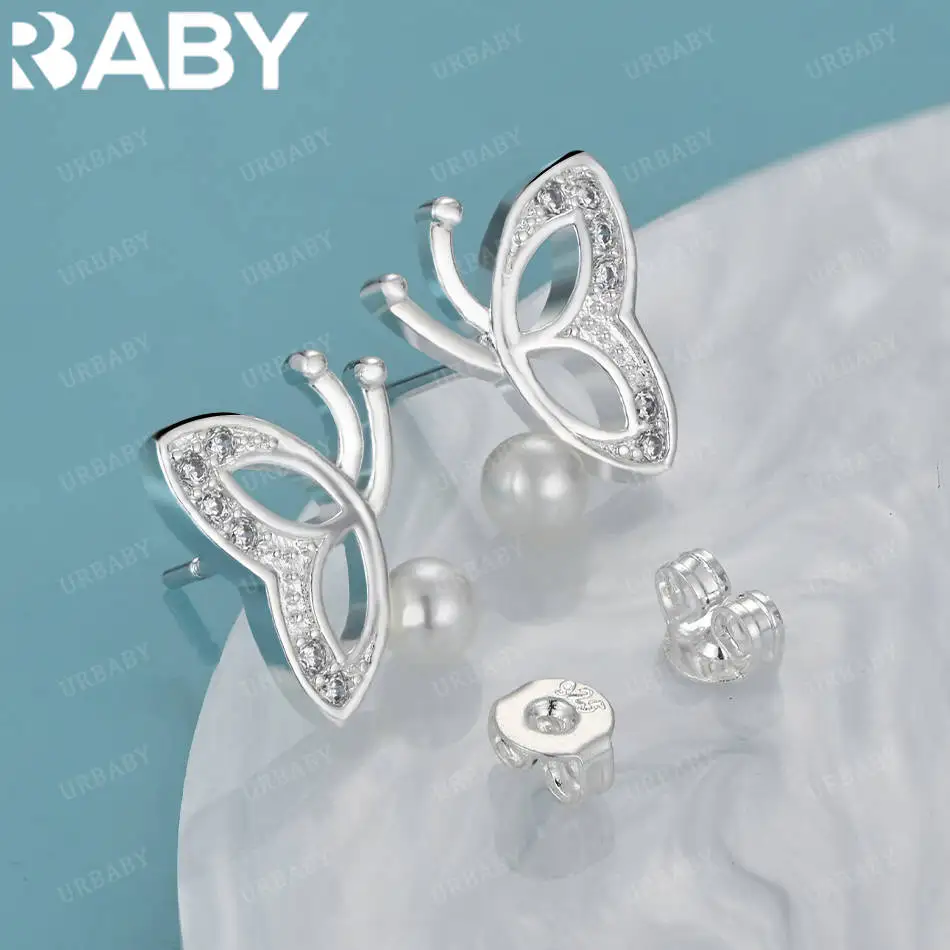 

URBABY 925 Sterling Silver Zircon Butterfly Earrings Stud Earrings Fashion Jewelry Charm Noble Wedding Accessories