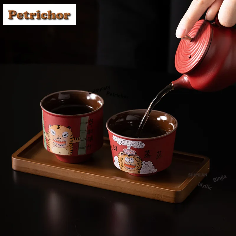 Forbidden City Red Cute Tiger Teacup Creative Tea Bowl Beautiful Tea Cup Tea-tasting Fragrance Cup Jianzhan Master Cups Tea Tray