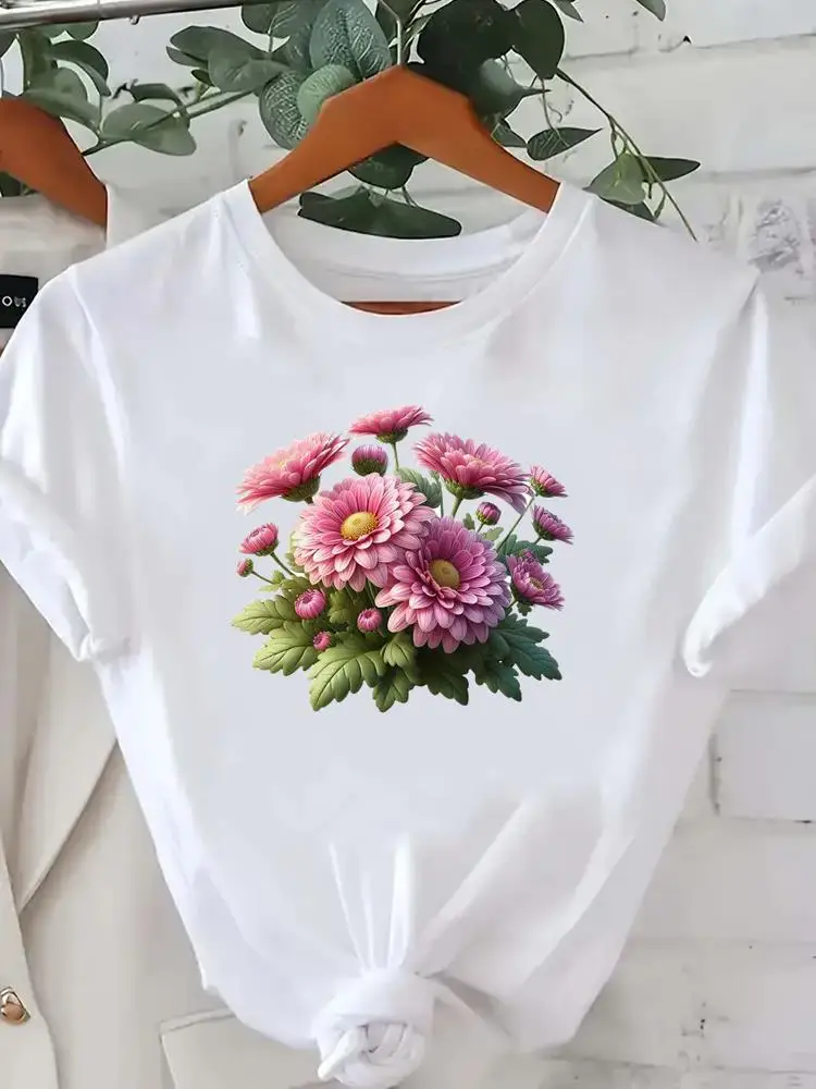 الملابس المحملات الملابس أزياء السيدات شعبية س الرقبة المرأة عارضة T طباعة الاتجاه نمط زهرة قصيرة الأكمام الجرافيك تي شيرت