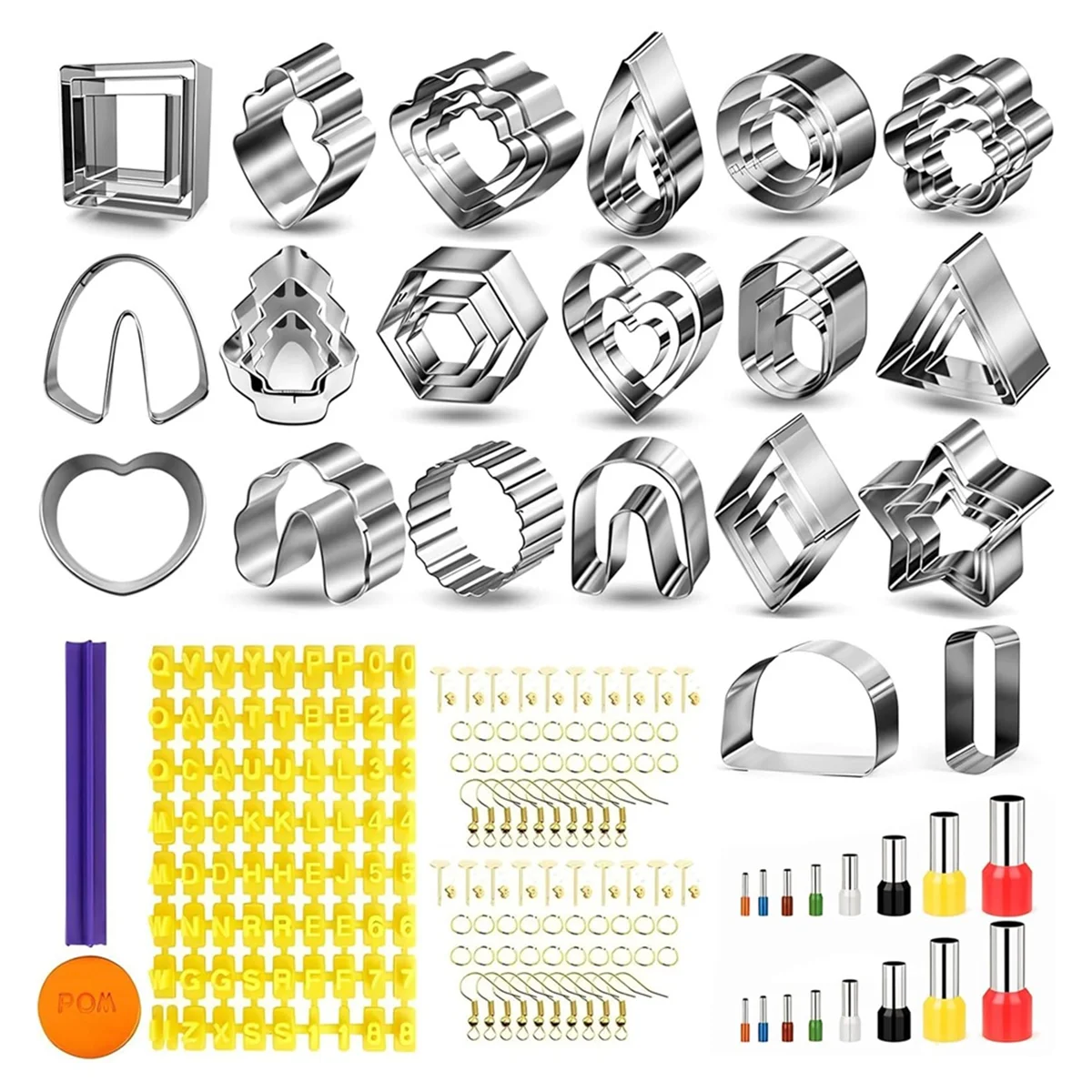 2025+ Polymer Clay Cutters for Earring Making 44 Shapes Clay Earring Cutters 16 Circle Cutters 1 Letter Stamp 120 Accessories