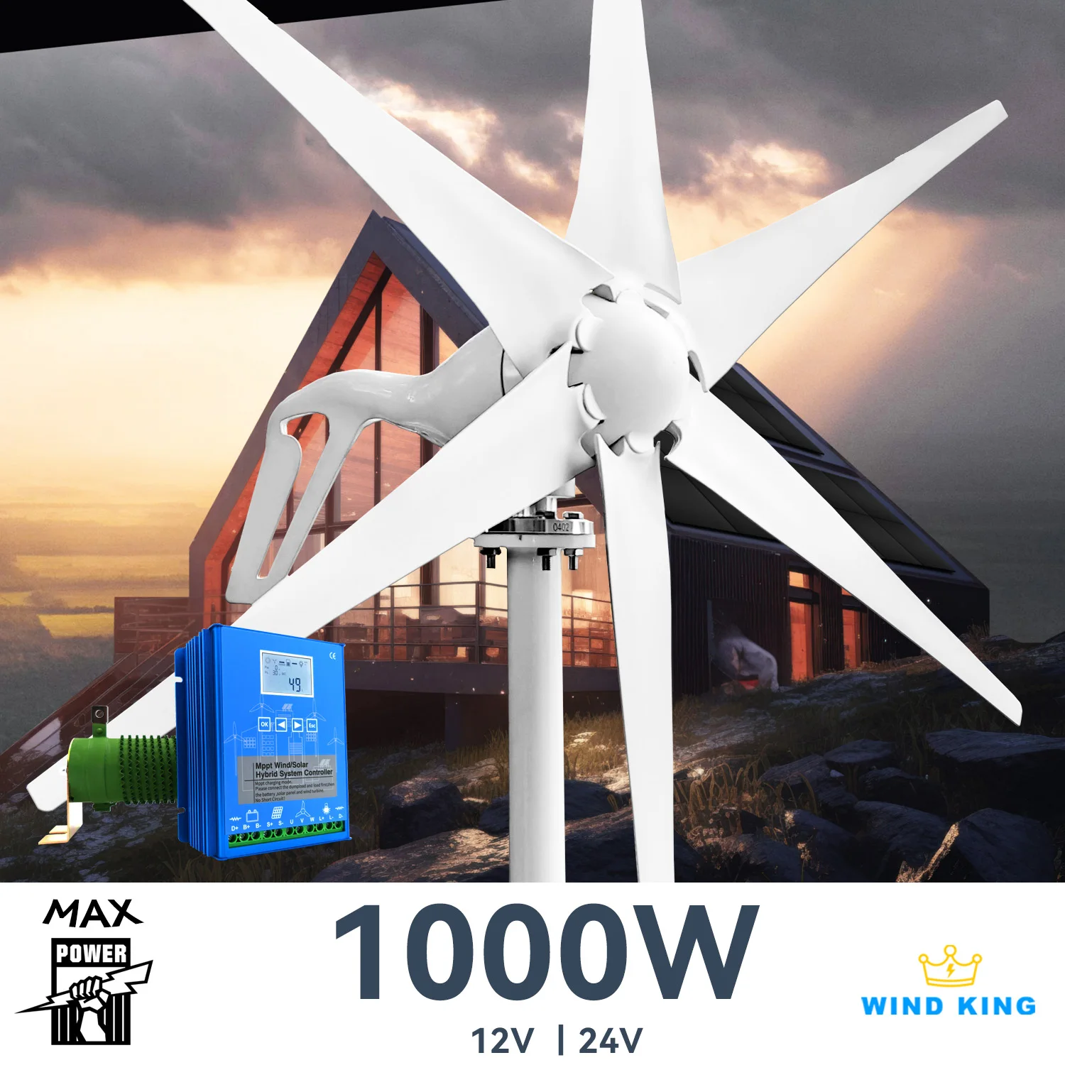 

1000W Wind Turbine 1kw Generator Windmills With MPPT Hybrid Solar Charge System, Home Farm Use 6 Blades Horizontal