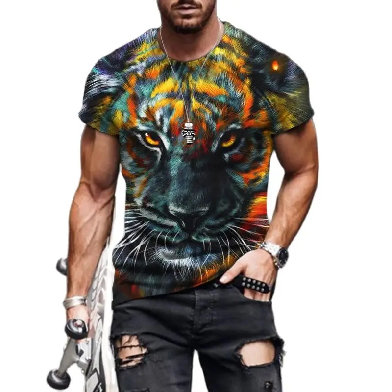 

New 3D Men's T-Shirt Sika Deer Lion Wolf Print Collar Crew Neck Animal Funny Streetwear Summer Loose Large Short Sleeve Tshirt