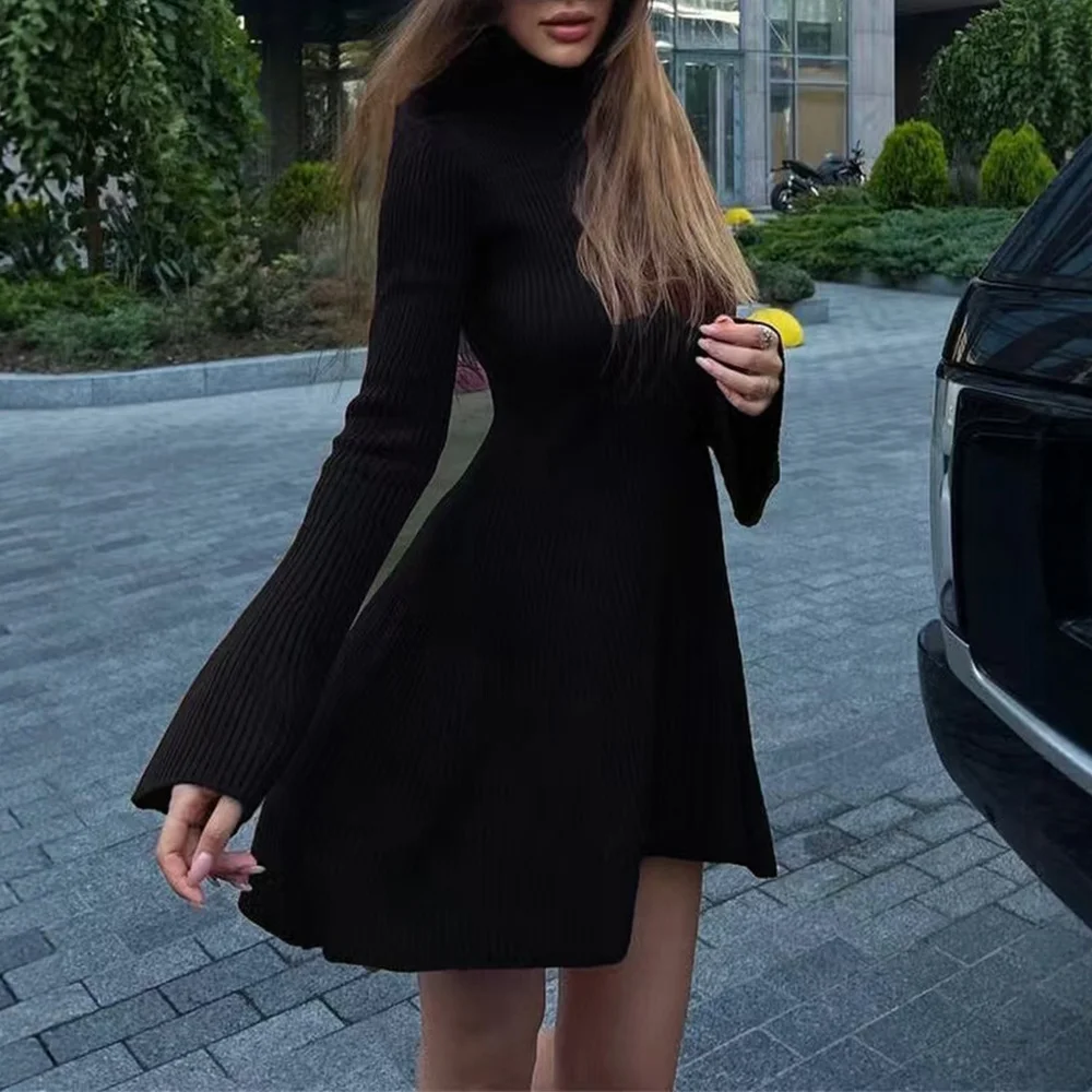 

Трикотажное платье с длинным рукавом и высоким воротником, мини-юбка трапециевидной формы с запахом, осенне-зимнее короткое платье-свитер, чистый цвет
