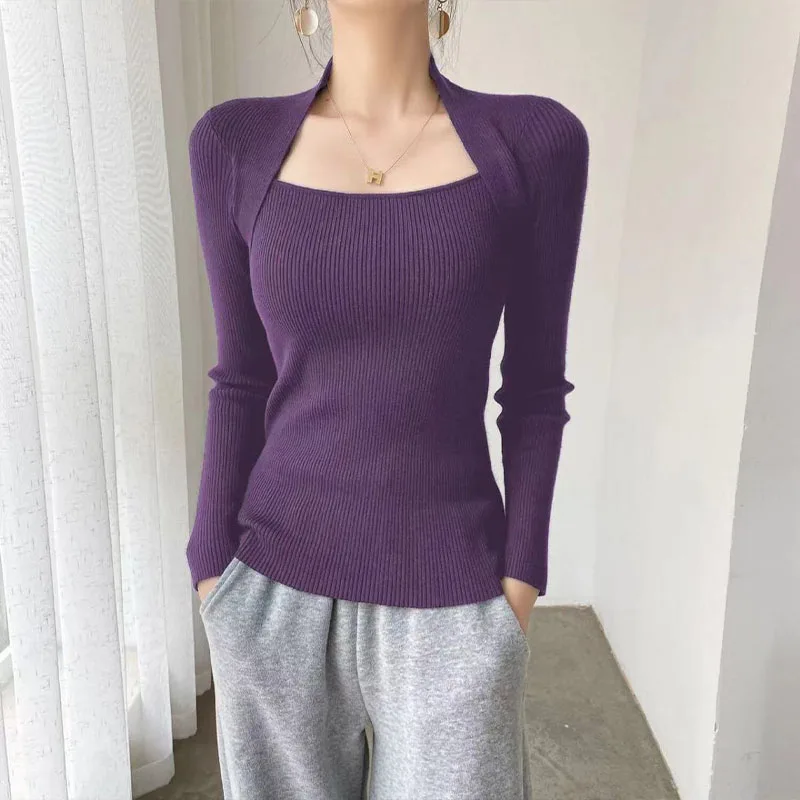 Women Clothing Fashion Elegant Square Neck Pullover Autumn Winter Simplicity Cozy Sweater Lady Slim Sexy Solid Chic Knitted