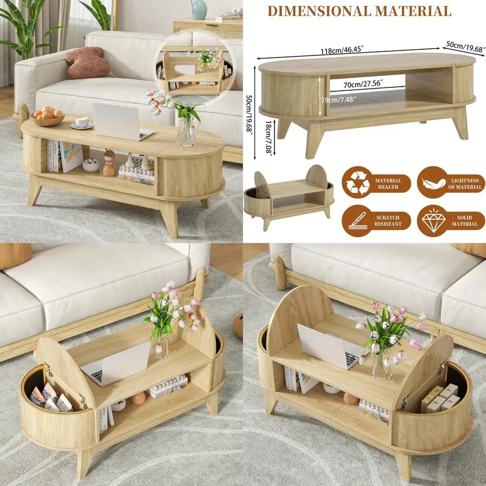 

Современный овальный журнальный столик середины века с местом для хранения и рифленым деревянным акцентом для гостиной