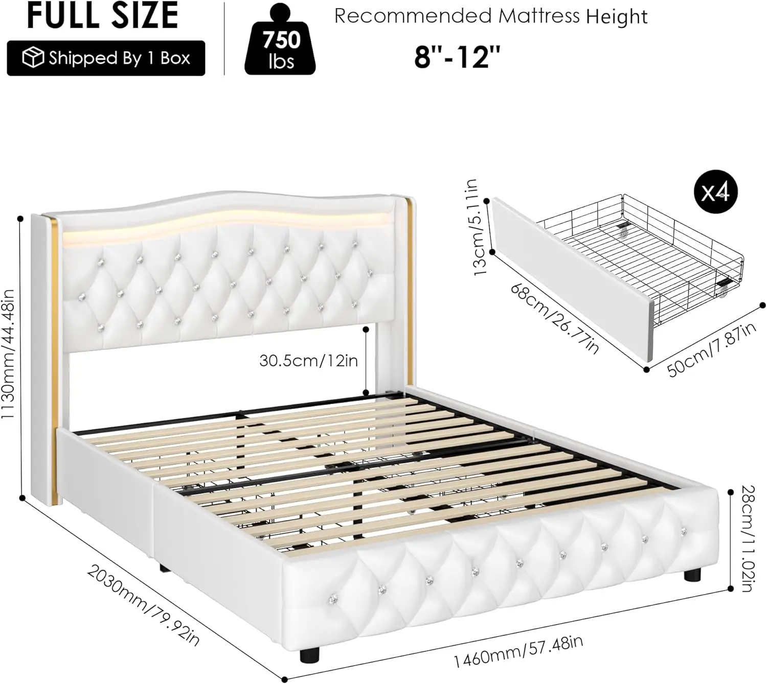 Novo quadro de cama de plataforma led inteligente completo com 4 gavetas de armazenamento, botão de cristal tufado e acabamento dourado inoxidável wingback cabeceira